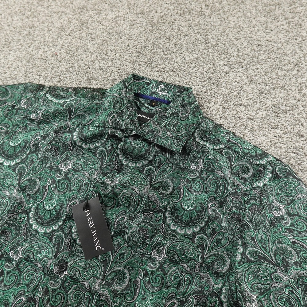 NEW BARRY WANG Shirt Mens S Green Paisley Short Sleeve Button Up Party Dress Top
